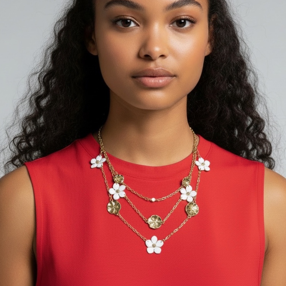 NWT Nicole Miller New York Long Hawaiian Style White Gold Floral Chain Necklace